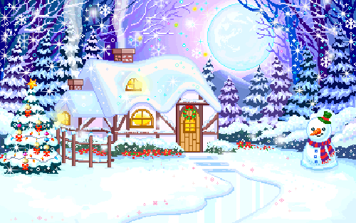 Снеговик у новогоднего домика