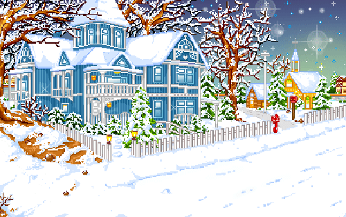 Голубой зимний дом у дороги